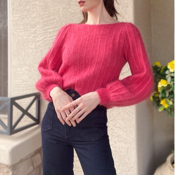 SEZANE Pink Wool Kid Mohair Fancy Knit Balloon Sleeve Sweater Aretha Jumper XS/S - Picture 6 of 17